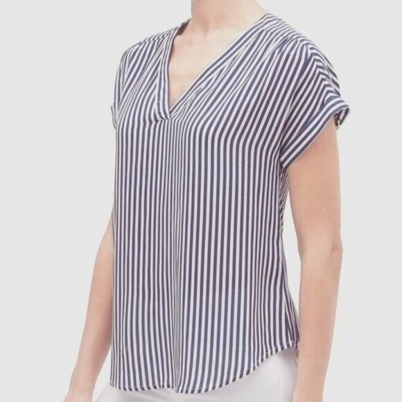 GAP Popover Short Sleeve V-Neck Blouse Blue & White Stripes Sz S - Picture 1 of 13